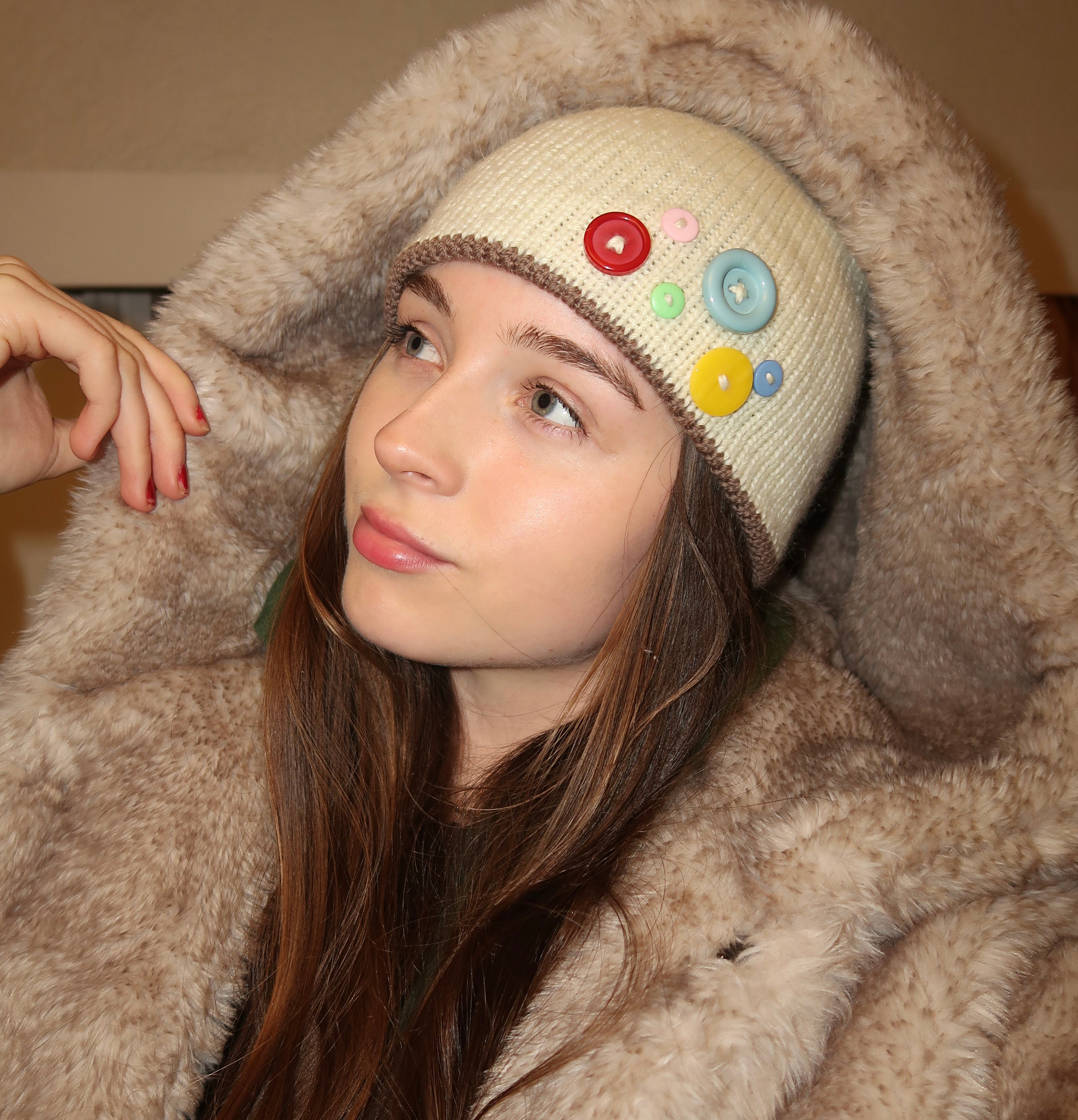 Cream and brown button beanie