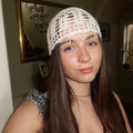 White and gold sparkly beaded crochet mesh hat