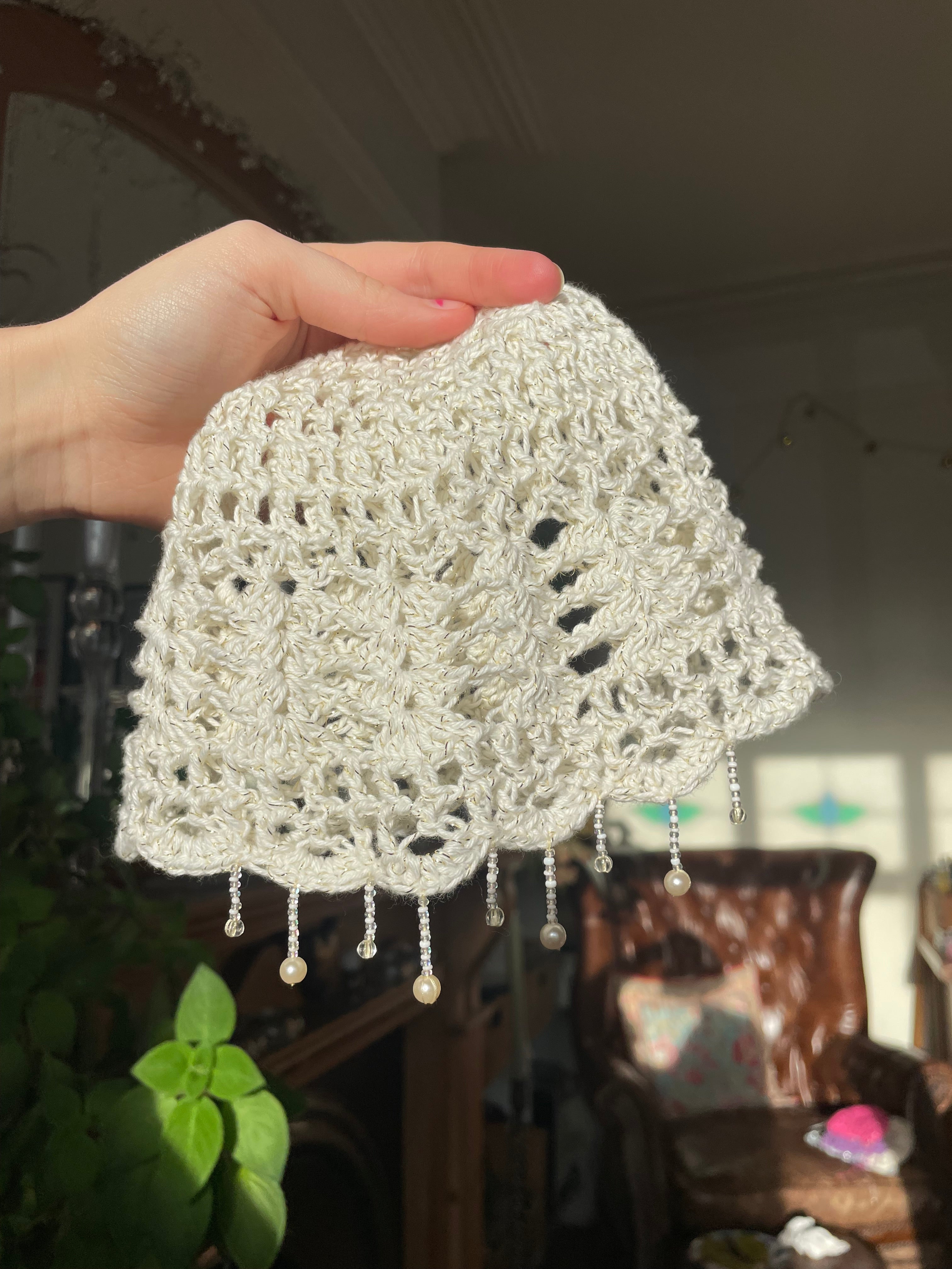 White and gold sparkly beaded crochet mesh hat