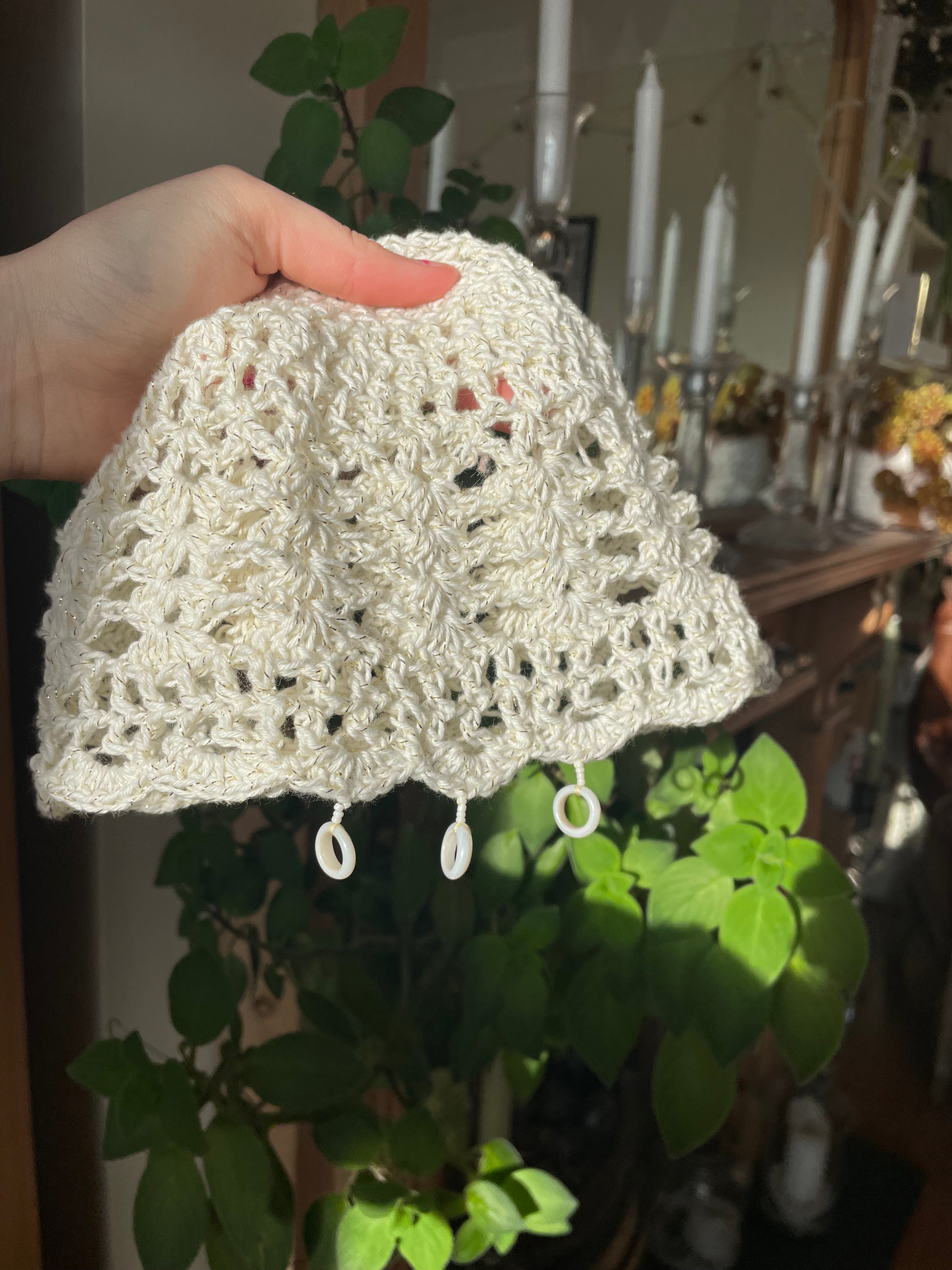 White and gold sparkly beaded crochet mesh hat