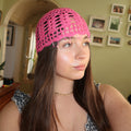 Pink sparkly beaded crochet mesh hat